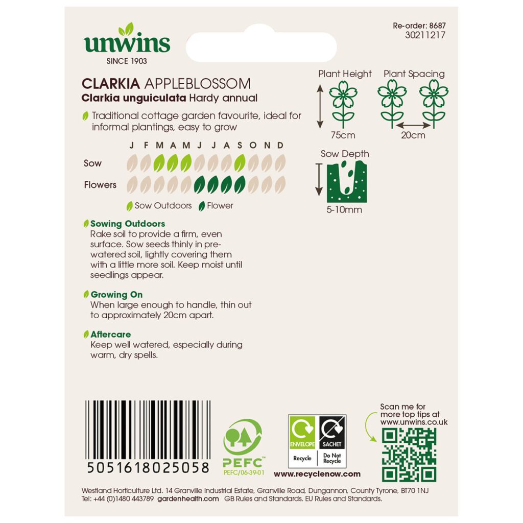 Unwins Clarkia Appleblossom Seeds 5051618025058 2